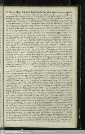 Urtheile über Rätzsch Lehrbuch der deutsch. Stenographie