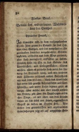 Fünfter Brief. Beweis des unbegränzten Wohlwollens der Gottheit.