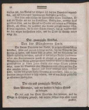 Der zwanzigste Artikul. Von der Münzherren Amte