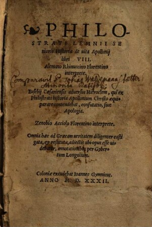 Philostrati Lemnii senioris Historiae de vita Apollonii : libri VIII