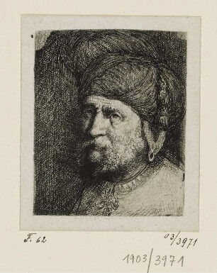 Brustbildnis eines Mannes mit Schnurr- und Backenbart sowie einem Turban