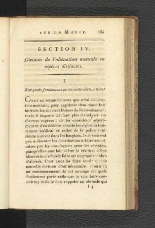 Section IV. Division de l'aliénation mentale en espèces distinctes.