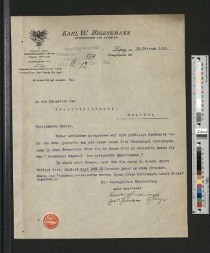 Brief von Karl W. Hiersemann an die Direktion der Stadtbibliothek Hamburg, Leipzig