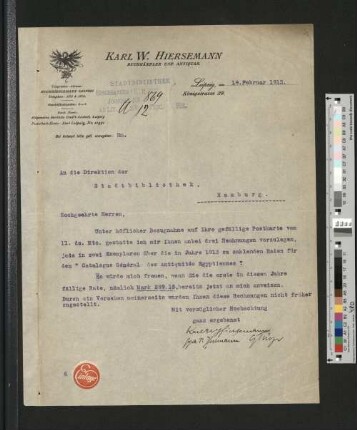 Brief von Karl W. Hiersemann an die Direktion der Stadtbibliothek Hamburg, Leipzig