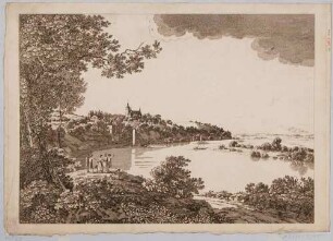 Blick über die Elbe nach Westen auf Briesnitz bei Dresden mit der Kirche und dem Belvedere