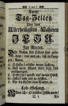 Kurtze Tag-Zeiten Von dem Allerheiligsten Nahmen Jesu.