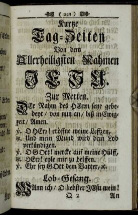 Kurtze Tag-Zeiten Von dem Allerheiligsten Nahmen Jesu.