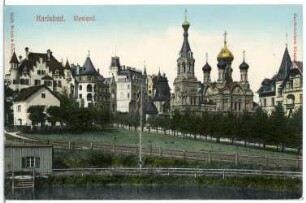 Karlsbad. Westend mit Russischer Kirche (1897) : Karlsbad. Westend mit Villa Ritter (1897), Evangel. Hospiz (1897-1899) und Westendstraße mit Russisch-Orthodoxer Kirche Sankt Peter und Paul (1893-1897; Gustav Wiedermann)