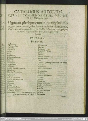 Catalogus Autorum, Qui Vel Commendantur, Vel Reprehenduntur