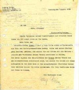 Schreiben an ein Pfarramt mit der Bitte um Zusendung von Unterlagen für den Ariernachweis