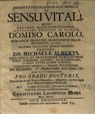 Dissertatio Inauguralis Medica, De Sensu Vitali