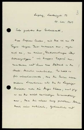Nr. 3: Brief von Felix Hausdorff an David Hilbert, Leipzig, 15.7.1907