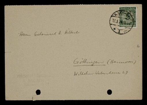 Nr. 45: Postkarte von Otto Blumenthal an David Hilbert, Aachen, 16.3.1924