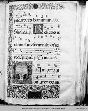 Buchseite mit der Initiale D, Kreuzigung des Andreas - sog. Corale Soderini