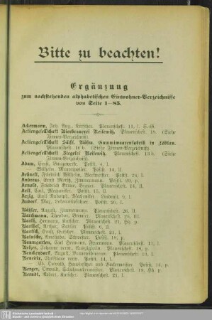 Ergänzung zum nachstehenden alphabetischen Einwohner-Verzeichnisse von Seite 1-85