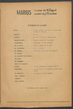 Marius : 4 actos de M. Pagnol versión de J. F. Escobar