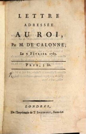 Lettre adressée au Roy 1789