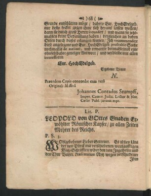 Lit. P. LEOPOLD von GOttes Ganden Erwöhlter Römischer Kayser / zu allen Zeiten Mehrer des Reichs