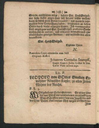 Lit. P. LEOPOLD von GOttes Ganden Erwöhlter Römischer Kayser / zu allen Zeiten Mehrer des Reichs