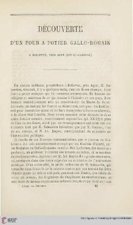 N.S. 18.1868: Découverte d'un four à potier gallo-romain à Bellevue, près Agen (Lot-et-Garonne)