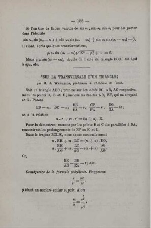 SUR LA TRANSVERSALE D´UN TRIANGLE.