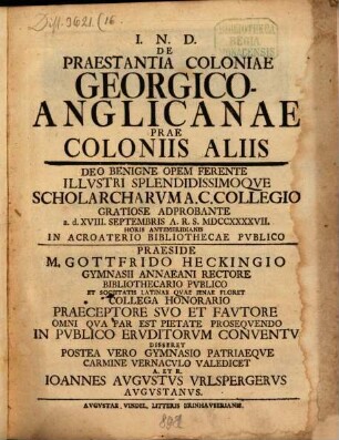 De praestantia coloniae Georgico-Anglicanae prae coloniis aliis