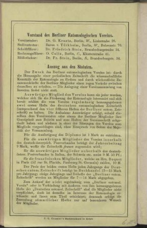 Vorstand des Berliner Entomologischen Vereins - Auszug aus den Statuten