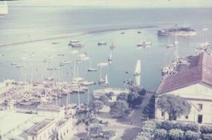 Reisefotos. Blick von einer Anhöhe auf ein Hafenbecken (vielleicht auf den Bahamas)