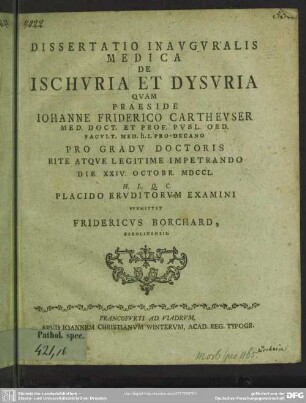 Dissertatio Inauguralis Medica De Ischuria Et Dysuria