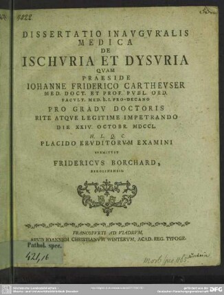 Dissertatio Inauguralis Medica De Ischuria Et Dysuria