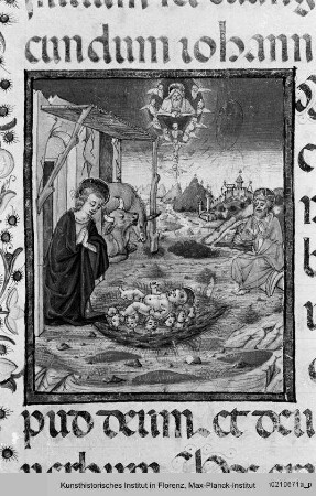 Evangeliar : Folio mit Miniatur mit der Anbetung des Christuskindes und Vierpass mit dem segnenden Christuskind auf einer Weltkugel