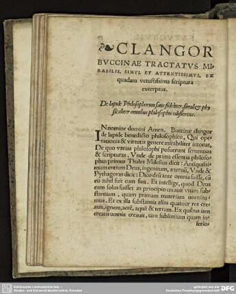 Clangor Buccinae Tractatus Mirabilis, simul et attentissimus, ex quadam vetustissima scriptura excerptus.