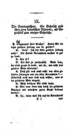 Die Feyertagsschule : Ein Gespräch zwischen zwey katholischen Pfarrern, als Gegenstück zum vorigen Gespräche