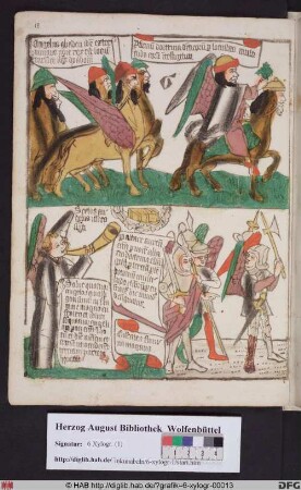Oben: Der Engel des Abgrundes Apollyon mit den Heuschrecken (Offenb. 9,7). Unten: Der Engel mit der sechsten Posaune (Offenb. 9,13).