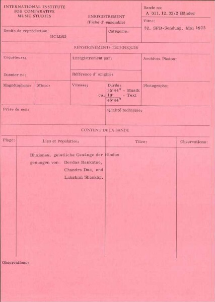 32e émission SFB Bhajanas, chants spirituels des hindous, (commentaire : Manfred Janius)