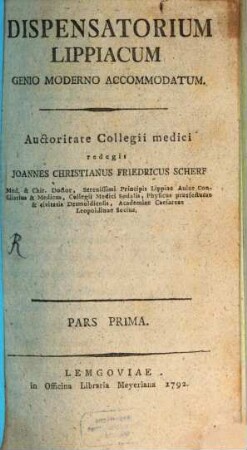 Dispensatorium Lippiacum : Genio Moderno Accommodatum, 1
