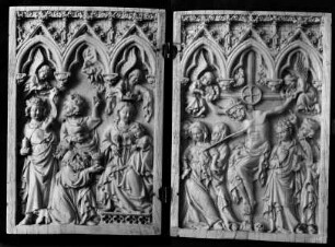 Anbetung des Christuskindes durch die Heiligen Drei Könige und die Kreuzigung Christi
