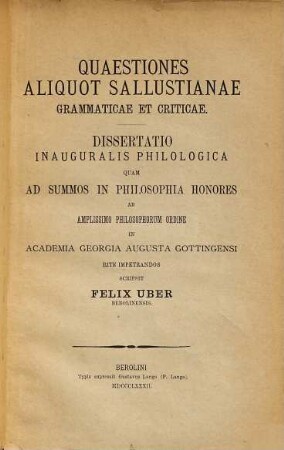 Quaestiones aliquot Sallustianae grammaticae et criticae