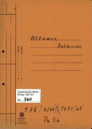 Personenheft Johannes Altmann (*26.02.1905), Kriminalsekretär