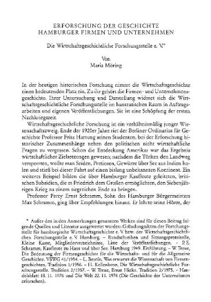 Erforschung der Geschichte Hamburger Firmen und Unternehmen : die Wirtschaftsgeschichtliche Forschungsstelle e. V.