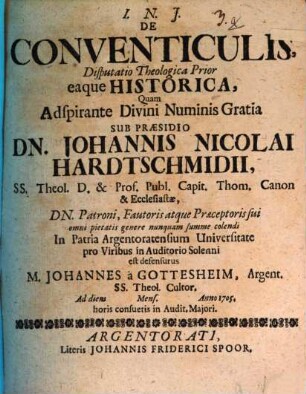 De Conventiculis, Disputatio Theologica ..., Prior. ... eaque historica