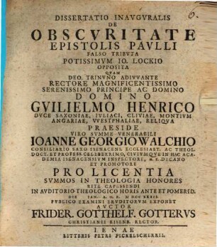 Diss. inaug. de obscuritate, epistolis Paulli falso tributa
