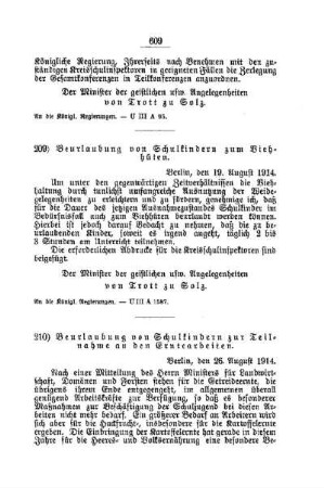 Beurlaubung von Schulkindern zur Teilnahme an den Erntearbeiten : [K. Öffentliches Volksschulwesen]