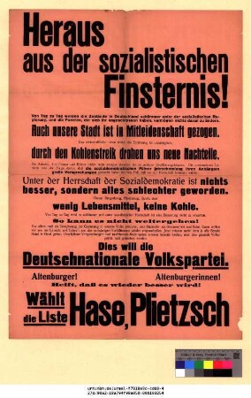 Originaltitel: Heraus aus der sozialistischen Finsternis! Wählt Liste Hase, Plietzsch