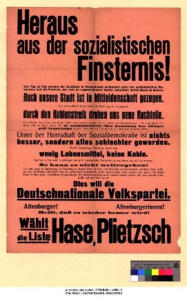 Originaltitel: Heraus aus der sozialistischen Finsternis! Wählt Liste Hase, Plietzsch