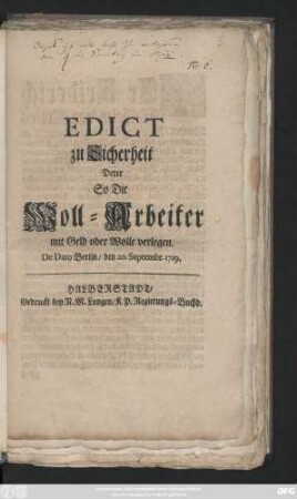 Edict zu Sicherheit Derer So die Woll-Arbeiter mit Geld oder Wolle verlegen : De Dato Berlin, den 20. Septembr. 1719.