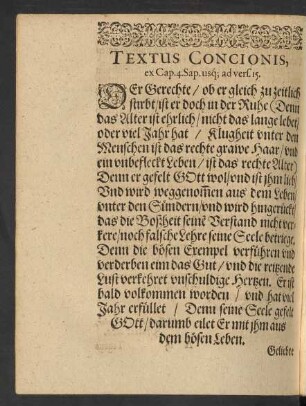 Textus Concionis, ex Cap.4. Sap. usq[ue] ad. vers. 15.