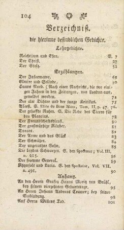 Verzeichniß. die hierinne befindlichen Gedichte