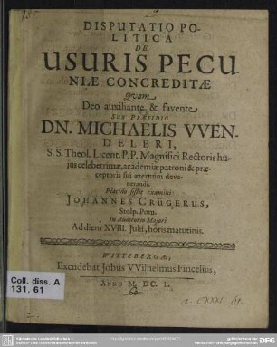 Disputatio politica de usuris pecuniae concreditae