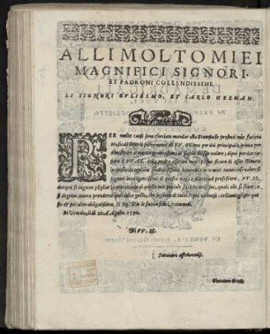 Dedikation an Gulielmo und Carlo Helman von Giovanni Croce, Venedig 20. August 1590